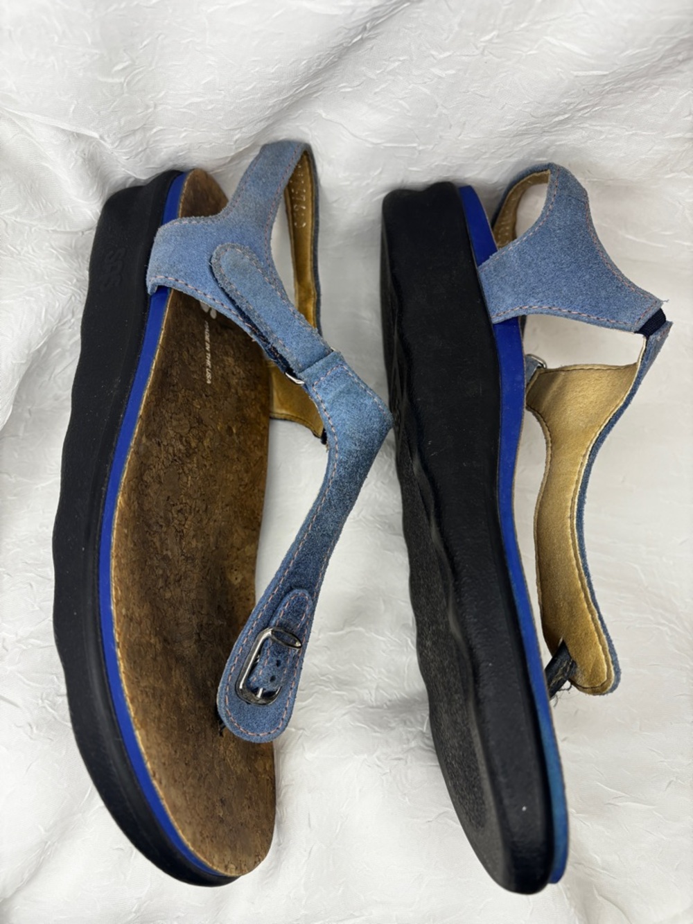 Blue Suede SAS Marina T-Strap Comfort Sandals with Cork Footbed - 8.5 - - Picture 4 of 15